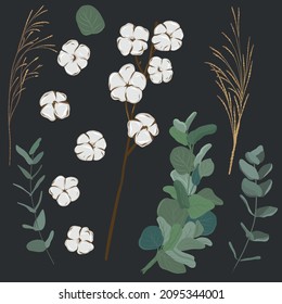 Flores secas. Algodón y eucalipto. Elemento de estilo boho para la decoración, invitación o tarjetas de felicitación