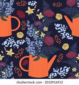 Dry flowers and leaves in red teapot. Vector seamless pattern with hand drawn illustrations with floral theme