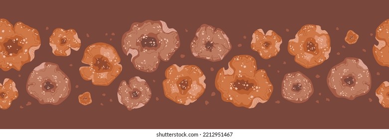 Dry fly agarics border. Seamless pattern with amanita muscaria. Dried medicinal and hallucinogenic mushrooms. Abstract texture on dark background. Vector cartoon illustration. Fall food.