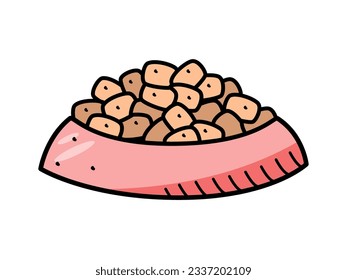 Dry food in a bowl vector doodle illustration. Pet meal in a plate. Icon on a white background.