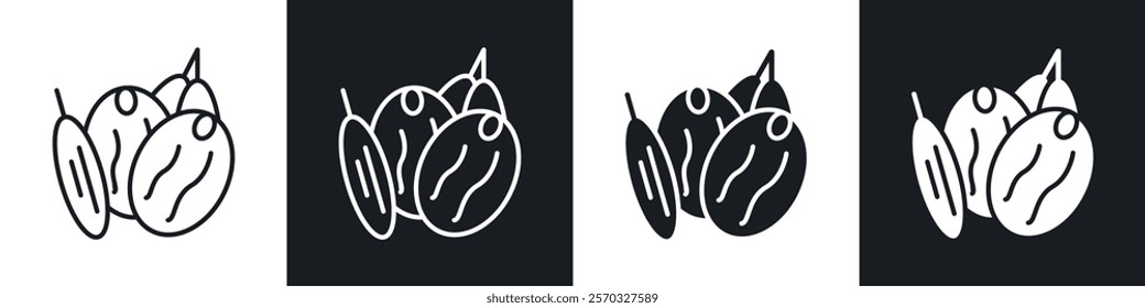 Dry fruit icons vectors set in black. line and flat versions