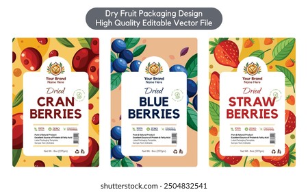 Diseño de etiqueta de fruta seca, etiqueta de arándanos secos Blueberries Fresas secas diseño de etiqueta engomada de diseño para empaquetado bolsa de pie editable impresión lista archivo de Plantilla de Vector ilustración Descarga