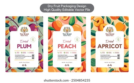 Trockenes Obst Etikettendesign, getrocknete Pflaume Etikett Pfirsich getrocknete Aprikose Etikettendesign Aufkleber Design für Verpackung Stehbeutel bearbeitbare druckfertige Vektorvorlage Datei Illustration herunterladen