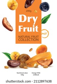 Dry fruit realistic illustration demonstrated natural collection of mixed dried fruits vector illustration