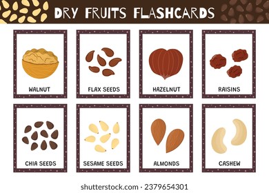 Dry fruits flashcards collection. Flash cards for practicing reading skills. Learn food vocabulary for school and preschool. Walnut, hazelnut, almonds and more. Vector illustration