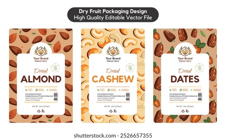 Diseño de empaquetado de etiquetas de frutas secas, Diseño de caja de frutas secas, Nueces de anacardo, Etiqueta de almendras, Diseño de etiquetas de fechas, Ilustración de archivo de Plantilla de Vector editable de calidad Premium