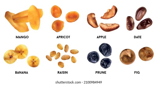 Dry Fruits Realistic Set Of Mango Apricot Apple Date Banana Raisin Prune Fig Isolated Vector Illustration