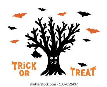 Dry funny tree with hanging bat and flying bats. Happy Trick or treat orange lettering. Holiday greeting card. Isolated on white background. Vector stock illustration.