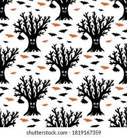 Dry funny tree with hanging and flying bats. Halloween seamless pattern. Isolated on a white background. Vector stock illustration.