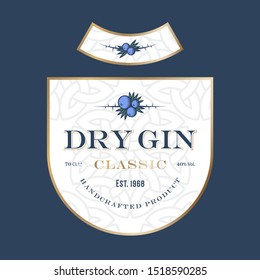 Dry Gin label. Juniper berries with leaves and thorns. Classic letters on ornamental background. Set of label for gin bottle.