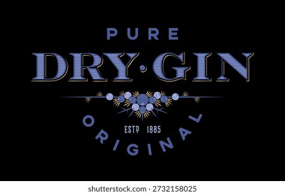 Etikett Dry Gin. Wacholderbeeren mit Blättern und Dornen. Klassische Schrift auf dekorativem Hintergrund.