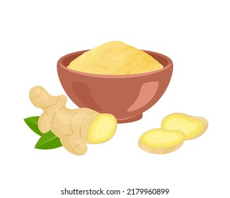 Dry ginger powder in bowl isolated. Ginger root whole, sliced and green leaf isolated on white. Vector cartoon flat illustration.