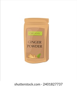 Dry ginger powder in a pack. Ayurvedic remedy and spice for cooking. Isolated cartoon vector illustration.