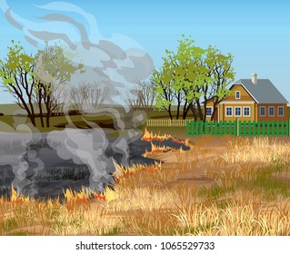 Dry grass field in fire near village house vector illustration.