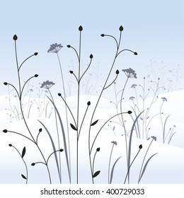 Dry grass on a snowy plain. Winter landscape. Winter day. Vector illustration.