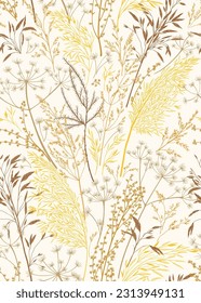 Dry grass seamless pattern. Floral background for wallpaper, fabrics, bed sheets. Yellow autumn ornament. Vector botanical illustration. Engraving style. 