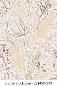 Dry grass seamless pattern. Natural beige tones. Vector botanical illustration. Floral background for wallpaper. Reeds, pampas grass, dried grass. Vertical ornament.  Engraving style. 