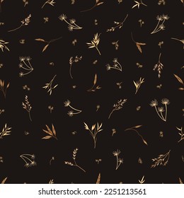 Dry grass. Simple seamless pattern on dark background. Yellow tones. Botanical vector  illustration. Field herbs. Layout for wallpaper, textile, fabric, card, banner. Sketch.