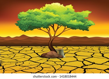 Dry ground background with green trees
