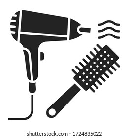 To dry hair black glyph icon. Hair styling items, dryer and hairbrush. Hairdresser services. Beauty industry. Pictogram for web page, promo. UI UX GUI design element