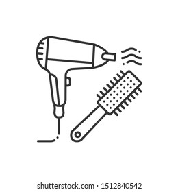 To dry hair black line icon. Hair styling items, dryer and hairbrush. Hairdresser services. Beauty industry. Pictogram for web page, promo. UI/UX/GUI design element. Editable stroke.