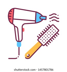 To dry hair color line icon. Hair styling items, dryer and hairbrush. Hairdresser services. Beauty industry. Pictogram for web page, promo. UI/UX/GUI design element. Editable stroke.