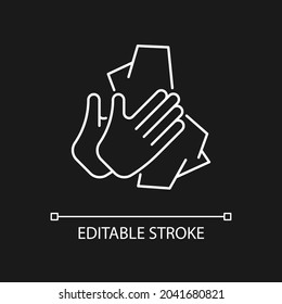 Dry hands with tissue white linear icon for dark theme. Wiping off dirt and germs from palms. Thin line customizable illustration. Isolated vector contour symbol for night mode. Editable stroke