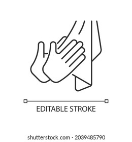 Dry hands with towel linear icon. Effective bacteria removing. Using paper and textile towels. Thin line customizable illustration. Contour symbol. Vector isolated outline drawing. Editable stroke