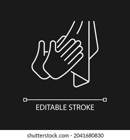 Dry hands with towel white linear icon for dark theme. Using paper and textile towels. Thin line customizable illustration. Isolated vector contour symbol for night mode. Editable stroke