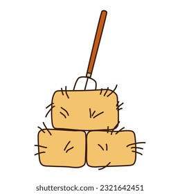 Dry hay bales with pitchforks. Autumn harvest. Flat-style vector illustration isolated on a white background.