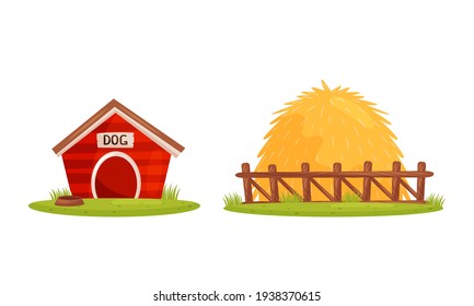 Dry Hay Behind Fence and Dog Kennel as Village Elements Vector Set
