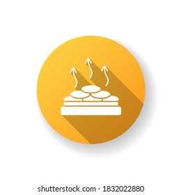 Dry heat sauna yellow flat design long shadow glyph icon. Spa resort recreation, bathhouse relaxation. Heat therapy, vaporarium. Hot stones on electric heater silhouette RGB color illustration