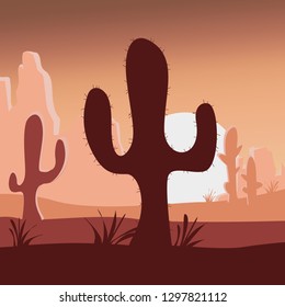A dry, heated desert landscape with cacti, mountains and big sun, western setting.
