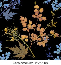 Dry herbarium plants seamless pattern with flowers and leaves on black background vector illustration