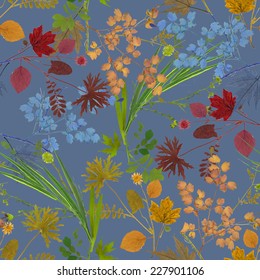 Dry herbarium plants seamless pattern with flowers and leaves on blue background vector illustration