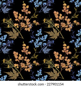 Dry herbarium plants seamless pattern with flowers and leaves on black background vector illustration