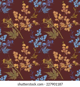 Dry herbarium plants seamless pattern with flowers and leaves on vinous background vector illustration