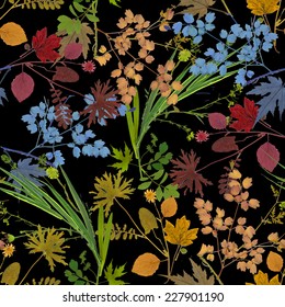 Dry herbarium plants seamless pattern with flowers and leaves on black background vector illustration