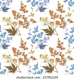 Dry herbarium plants seamless pattern with flowers and leaves on white background vector illustration