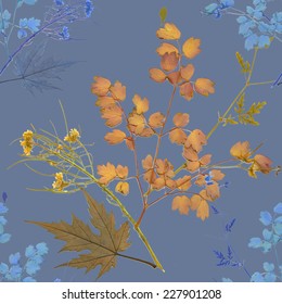 Dry herbarium plants seamless pattern with flowers and leaves on blue background vector illustration