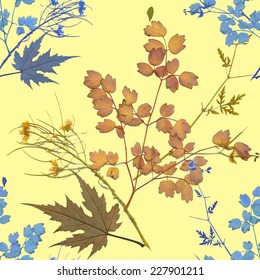 Dry herbarium plants seamless pattern with flowers and leaves on yellow background vector illustration