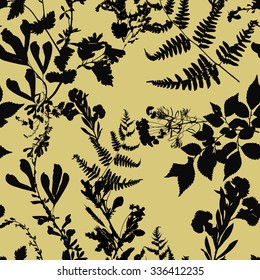 Dry herbarium plants seamless pattern on yellow background with flowers and leaves, vector illustration