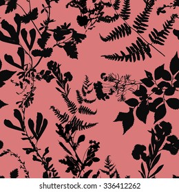 Dry herbarium plants seamless pattern on red background with flowers and leaves, vector illustration