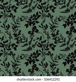Dry herbarium plants seamless pattern on green background with flowers and leaves, vector illustration