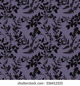 Dry herbarium plants seamless pattern on purple background with flowers and leaves, vector illustration