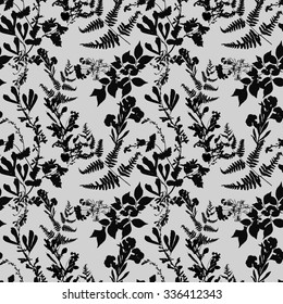 Dry herbarium plants seamless pattern on gray background with flowers and leaves, vector illustration