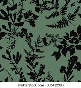 Plantas de herbario secas, sin fisuras, de fondo verde con flores y hojas, ilustración vectorial