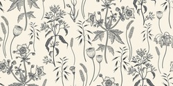 Dry Herbs, Cereals, And Wildflowers Seamless Pattern. Navy Blue Vintage Background For Creating Textiles, Fabrics, Paper, Wallpapers. Dark Background. Vector Illustration.