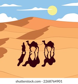 
dry and hot desert scenery. You can see a man and two camels walking in the middle of the desert.