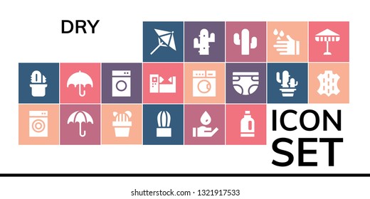 dry icon set. 19 filled dry icons.  Collection Of - Umbrella, Cactus, Washing machine, Wash, Detergent, Machine, Laundry, Diaper, Skin
